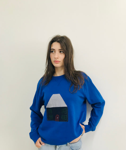 Upcycled Blue hand embroidered sweatshirt